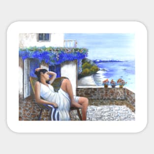 Woman girl sitting relaxing meditating on terrace looking at sea peaceful relaxed zen yoga buddhism Sticker